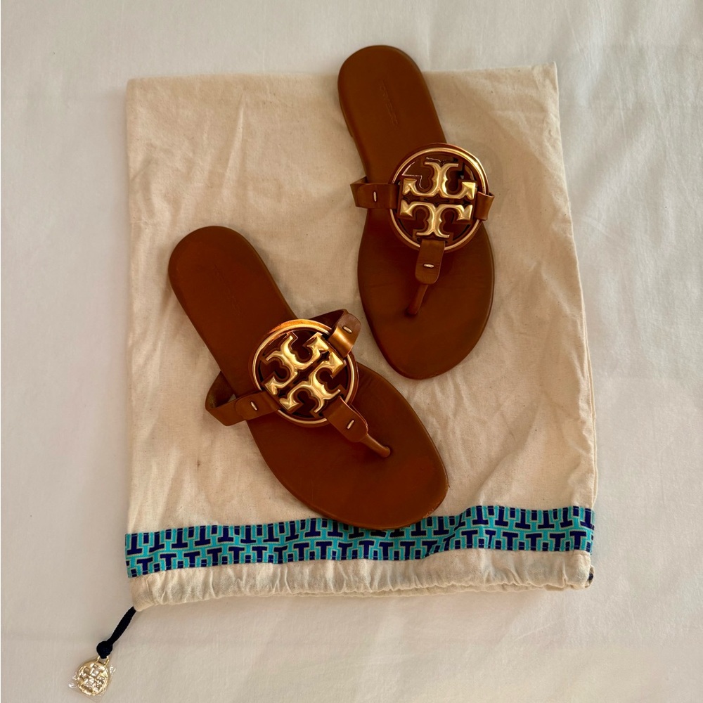 Tory Burch Metal Miller Soft Sandal Brown with Gold medallion
